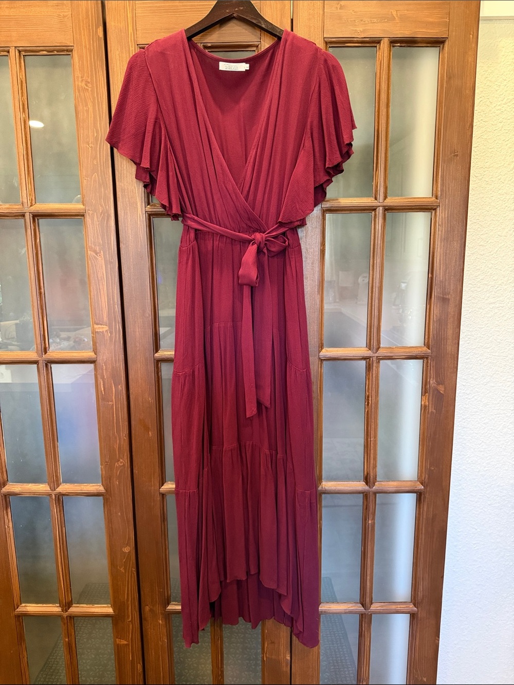 Flutter-Sleeve Wrap Maxi Dress - Burgundy